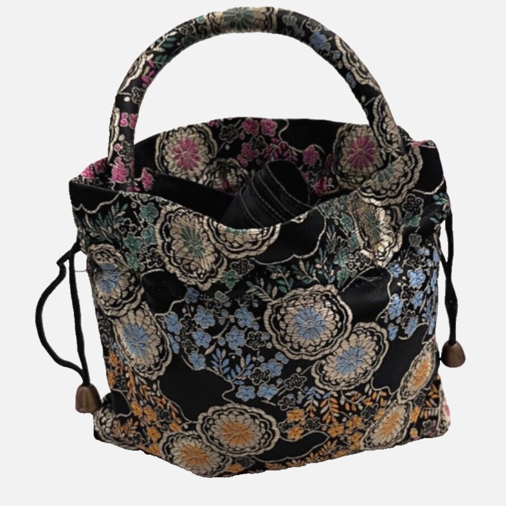 Oriental Embroidered Satin Silk Floral Mini Bag Brocade Drawstring Closure